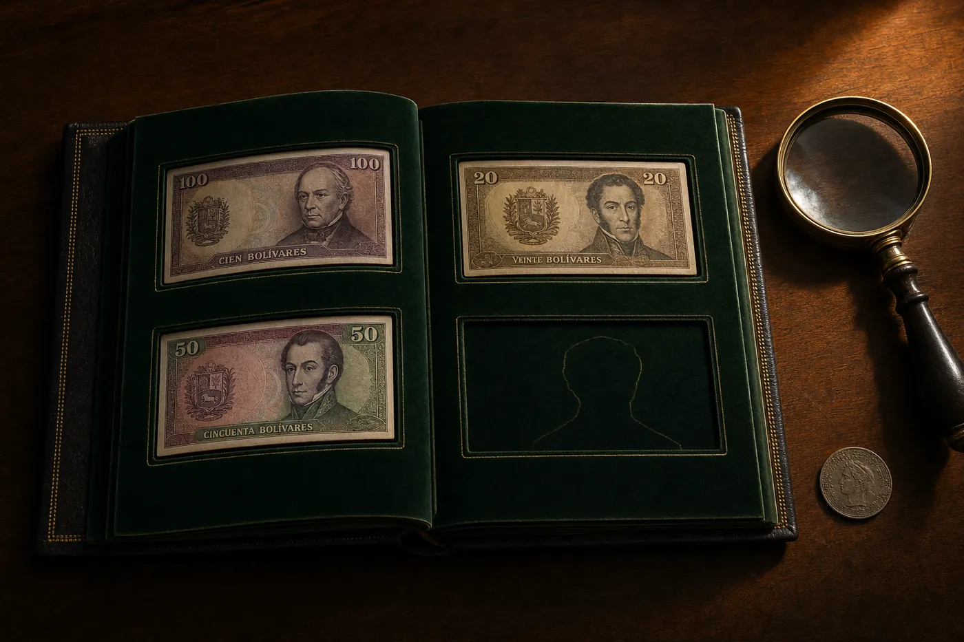 Álbum de cuero abierto con billetes venezolanos colocados en sus ranuras