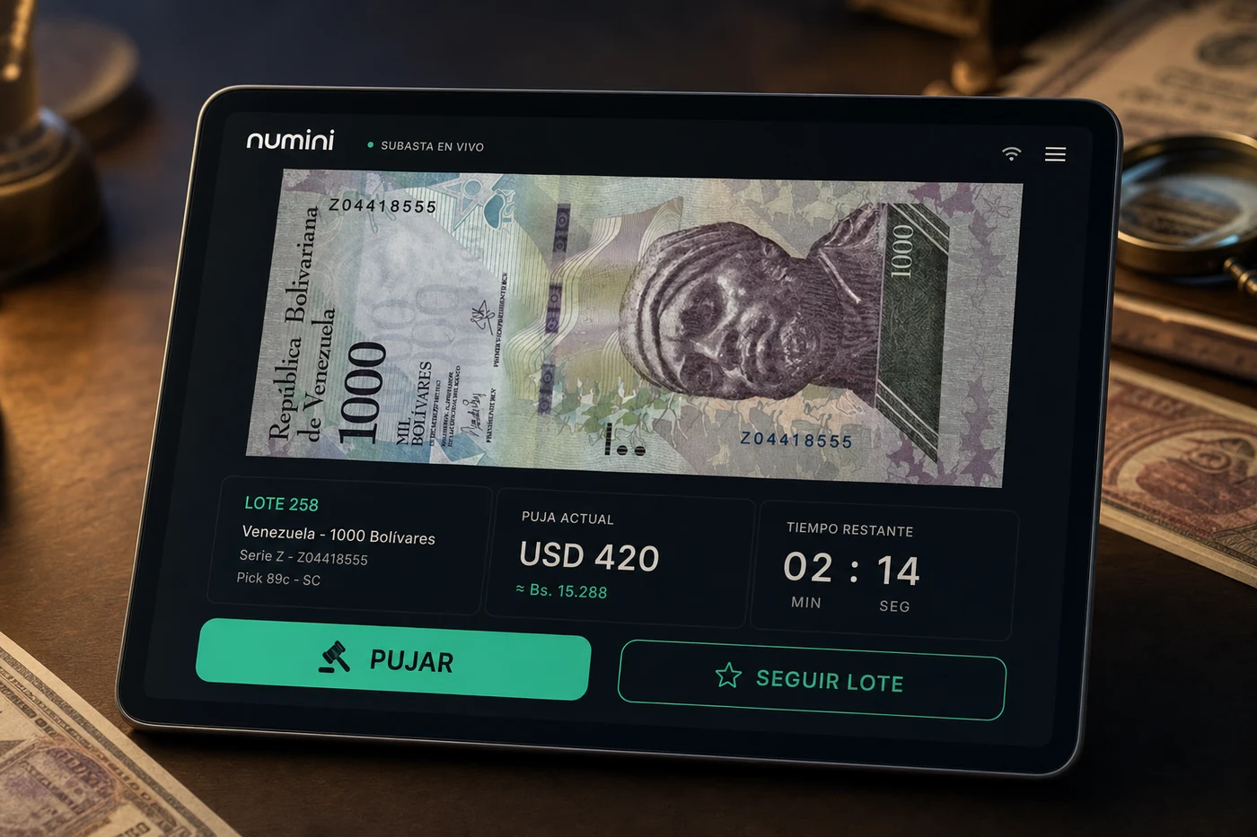 Tableta mostrando la interfaz de subastas de Numini con un billete en puja y el historial de ofertas