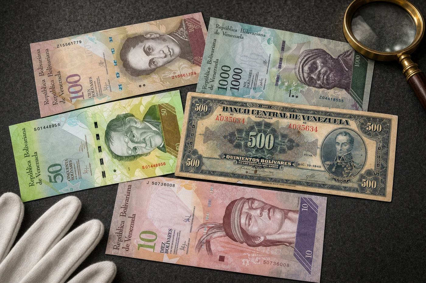 Abanico de billetes venezolanos disponibles en la tienda de Numini sobre fondo verde azulado oscuro