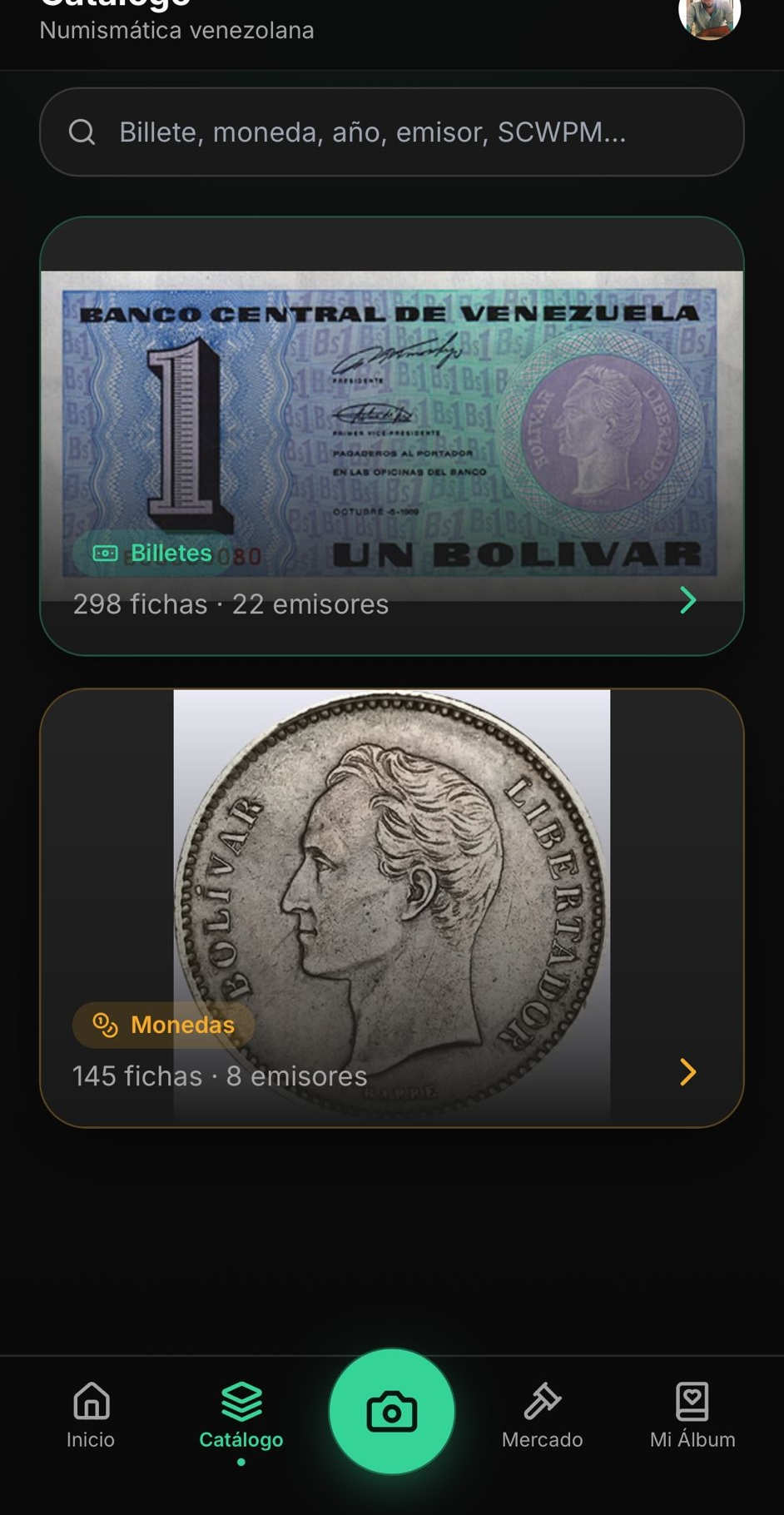 Pantalla del catálogo de NUMINI listando billetes venezolanos por denominación y año