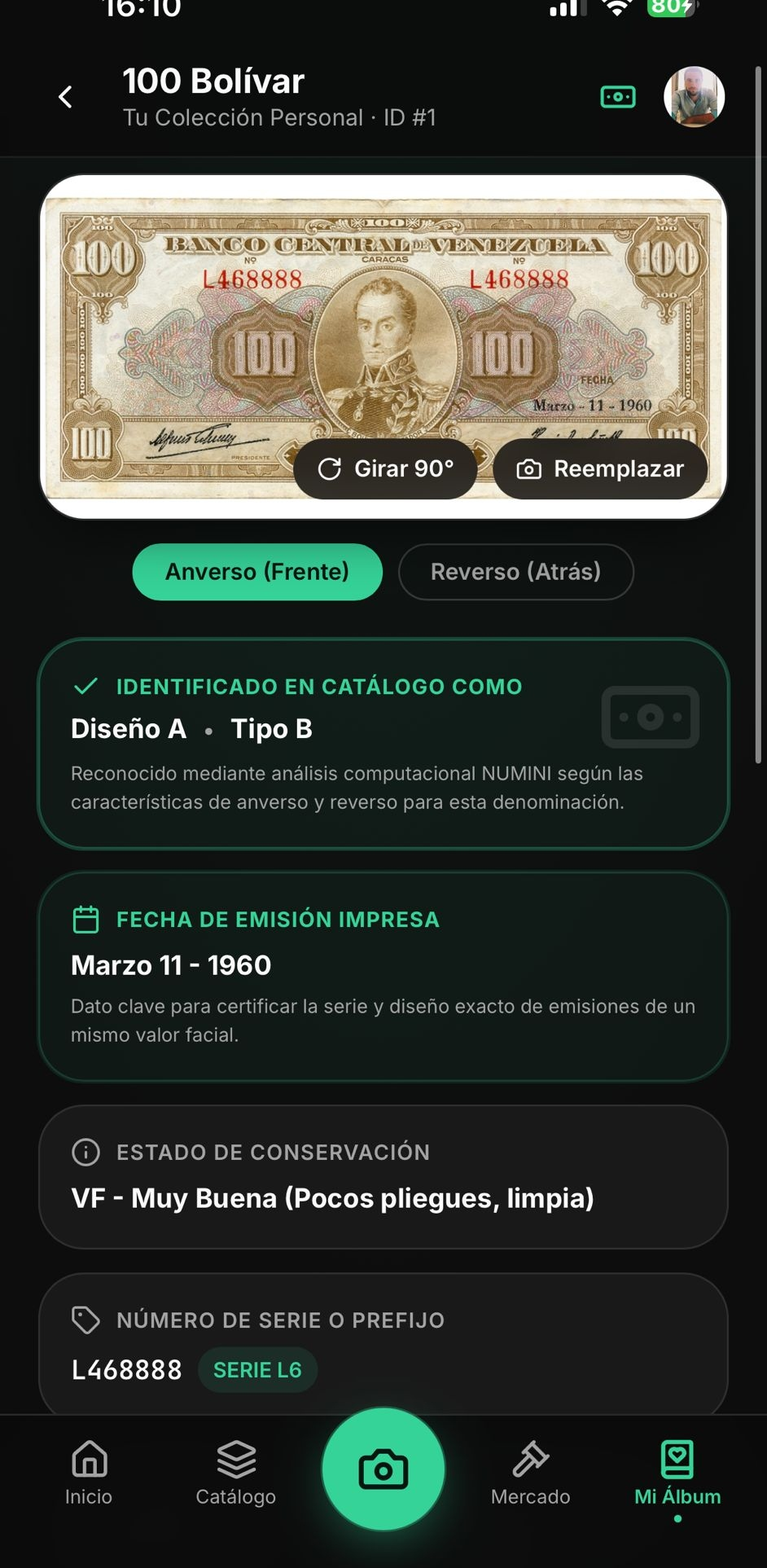 Ficha completa de un billete de 100 bolívares con badge IDENTIFICADO y datos del catálogo