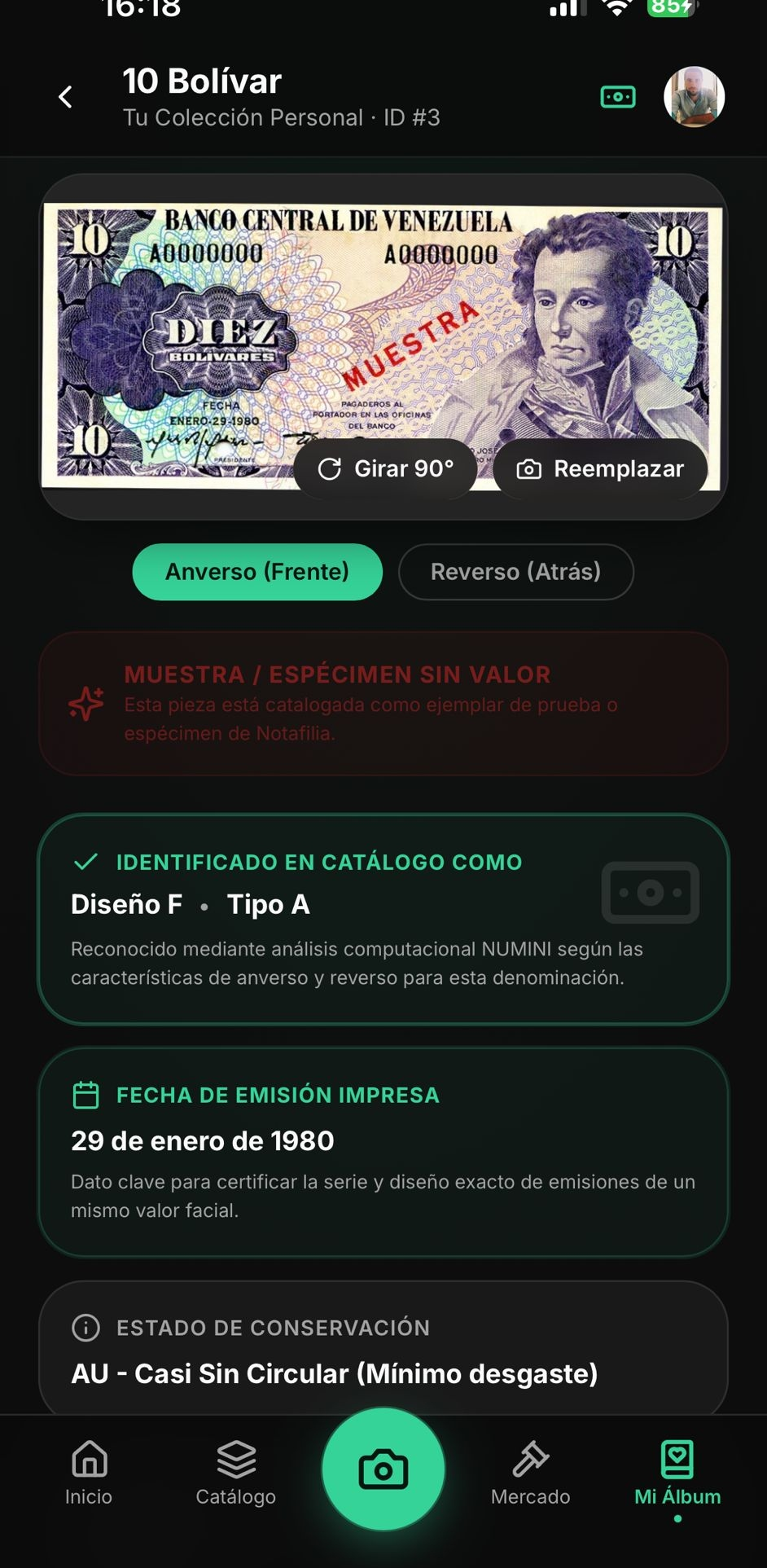 Ficha completa del billete de 10 bolívares Muestra