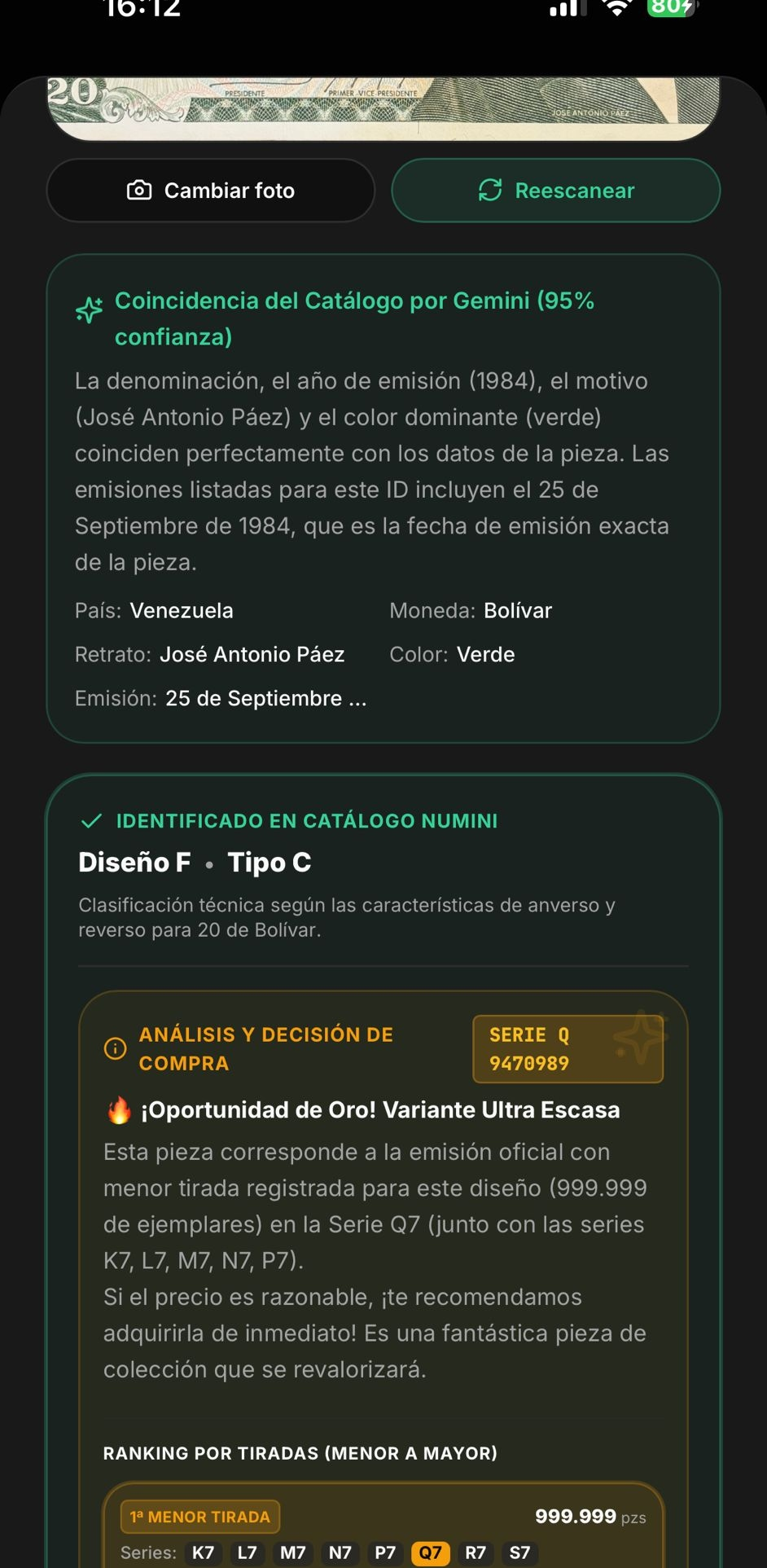 Resultado de la IA identificando un billete de 20 bolívares con confianza del 95%