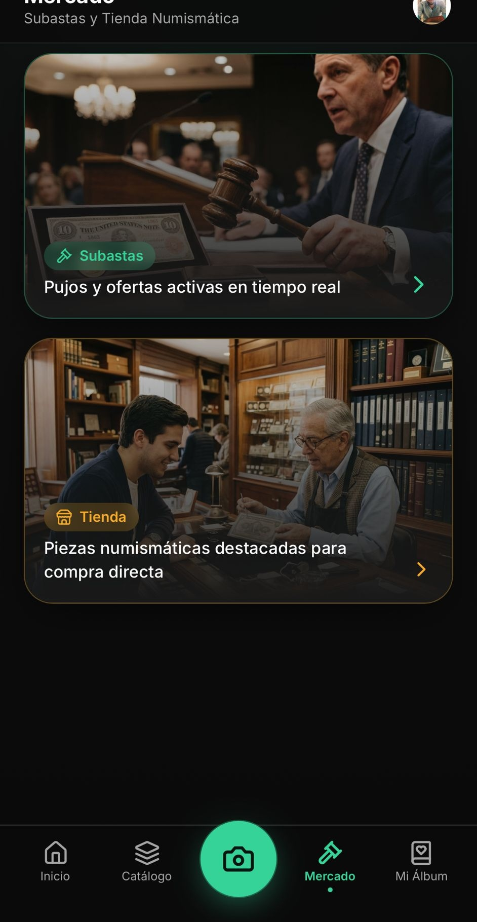Pantalla de mercado y subastas activas dentro de NUMINI
