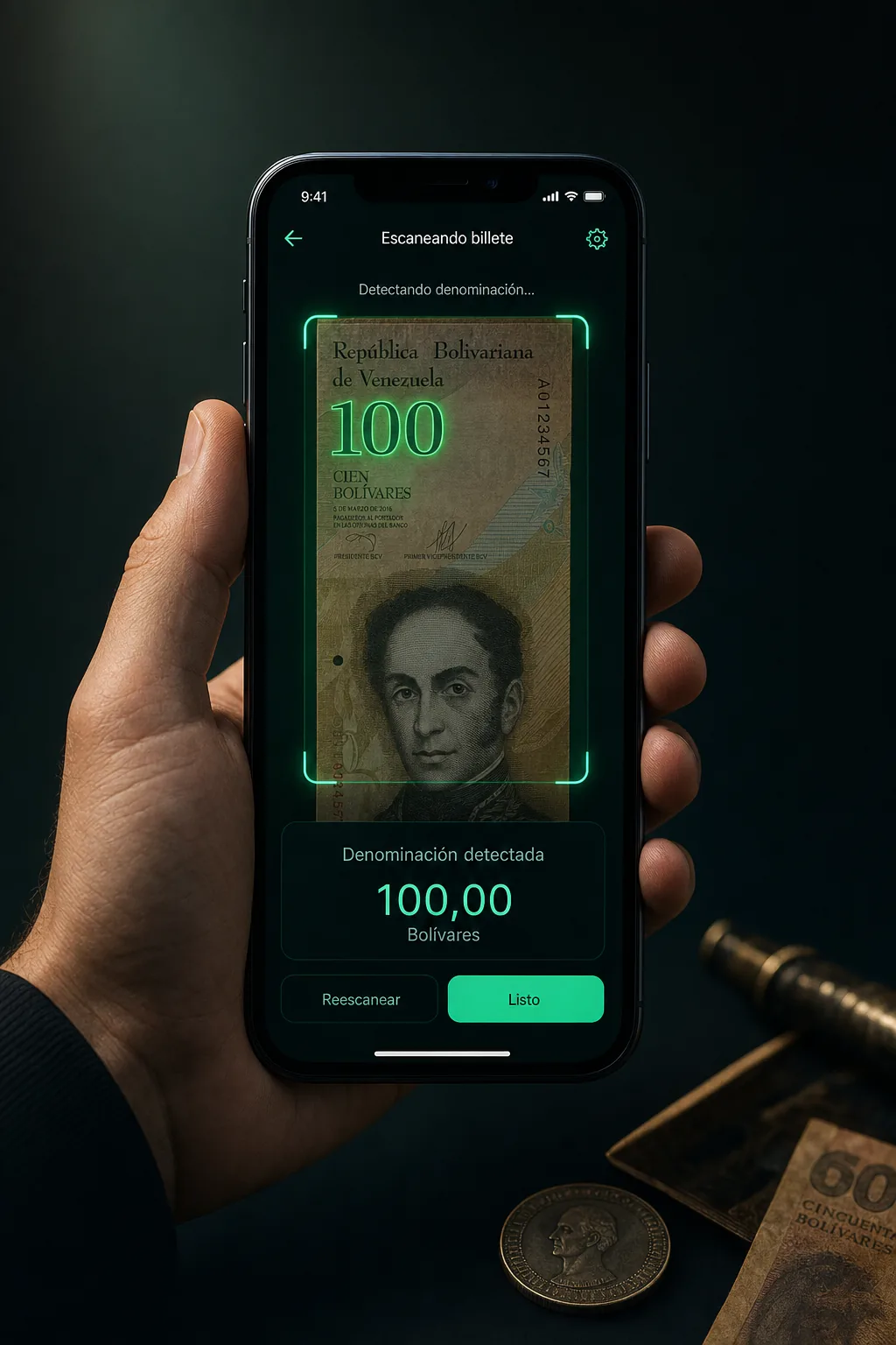 Mano sosteniendo un teléfono que escanea un billete de 100 bolívares con superposición de realidad aumentada verde detectando la denominación